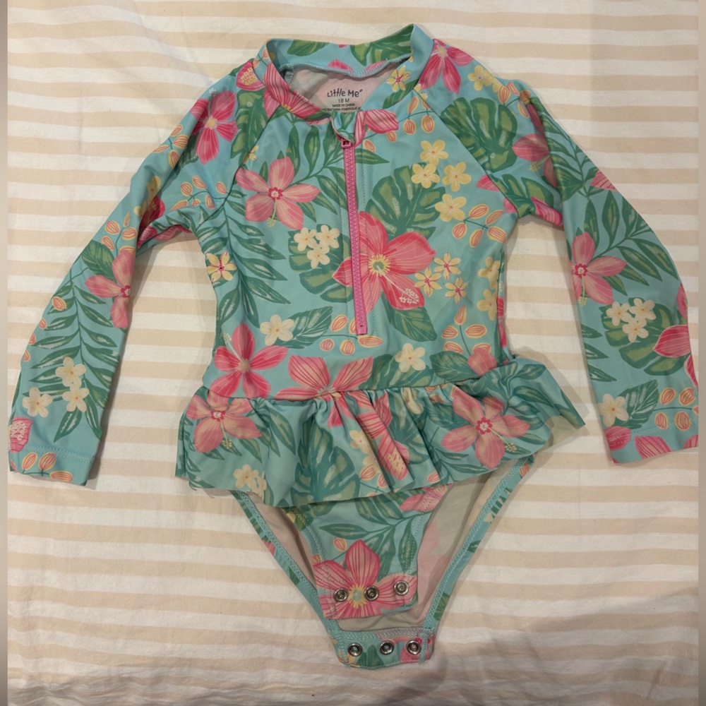 Little Me Floral Kids Swim Rashguard - Pink and Green